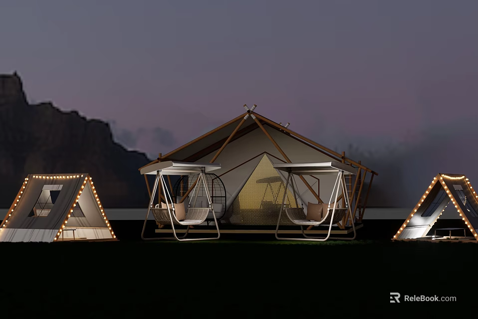 Scenic Campsite Landscape With Tents Swings Lighting And Mountain View At Twilight 3d model 