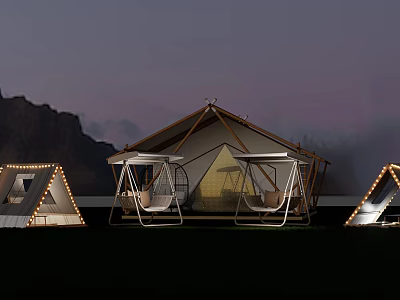 Scenic Campsite Landscape With Tents Swings Lighting And Mountain View At Twilight 3d model