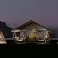 Scenic Campsite Landscape With Tents Swings Lighting And Mountain View At Twilight