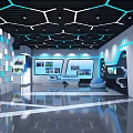 Futuristic Modern Exhibition Hall With Blue Lighting Geometric Ceiling And Interactive Displays 3d model