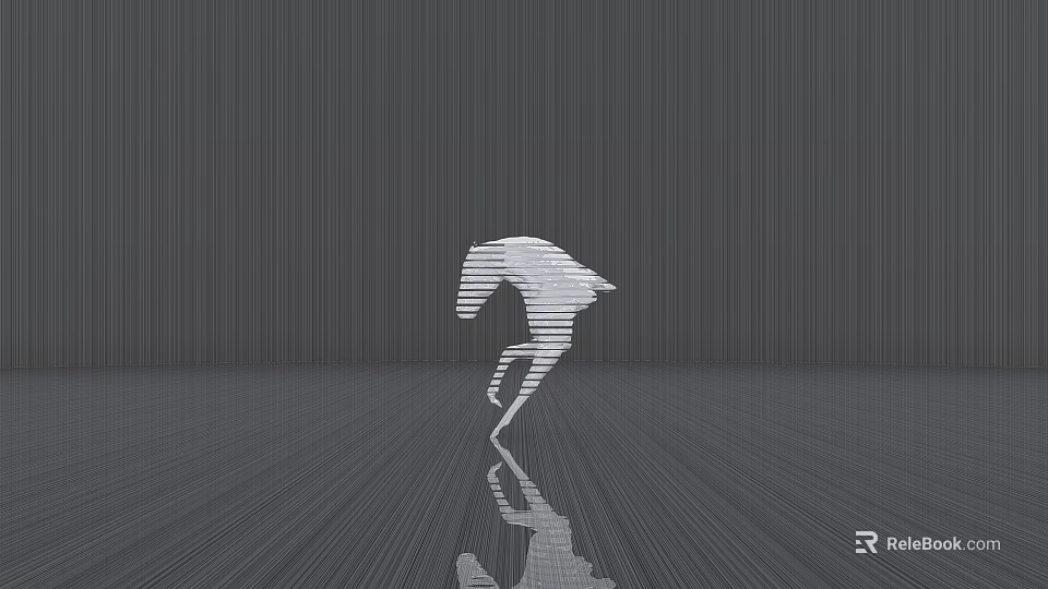 White Horse Shaped Sculpture Made Of Lines Against Gray Background With Reflection On The Ground 3d model 
