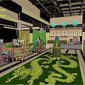 Traditional Chinese Dining Hall Interior Scenery With Green Dragon Carpet Tables And Lighting