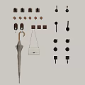 Various Wall Hooks for Hanging Umbrella and Bag on White Wall 3d model