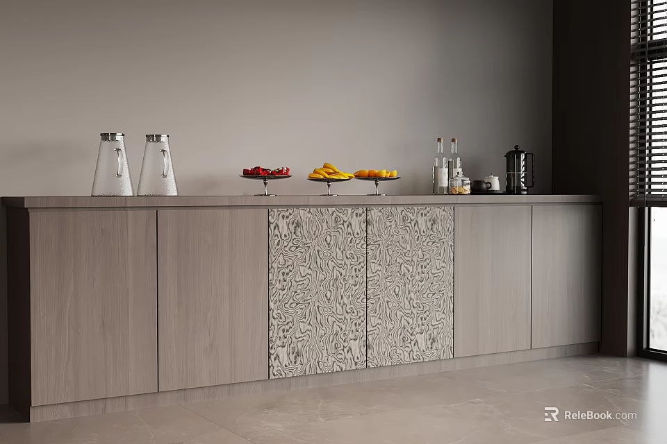 Modern Gray Sideboard With Patterned Front Fruit Platter Bottles And Coffee Pot 3d model