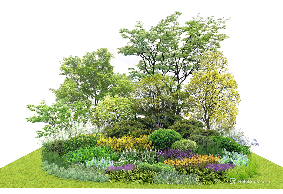 Lush Garden Landscape Featuring Tall Trees Shrubs and Colorful Flower Beds 3d model 