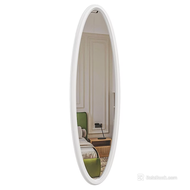 Oval White Frame Mirror In Bedroom Reflecting Green Headboard Nightstand And Lamp 3d model 