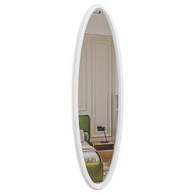 Oval White Frame Mirror In Bedroom Reflecting Green Headboard Nightstand And Lamp 3d model