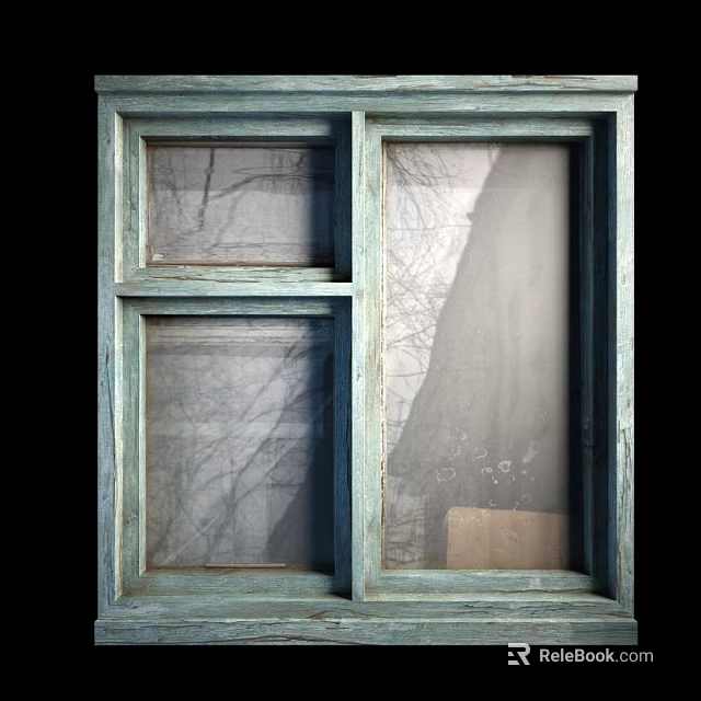 Vintage Light Blue Casement Window With Wooden Frame And Tree Branch Reflections On Glass 3d model 