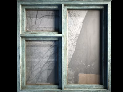 Vintage Light Blue Casement Window With Wooden Frame And Tree Branch Reflections On Glass 3d model