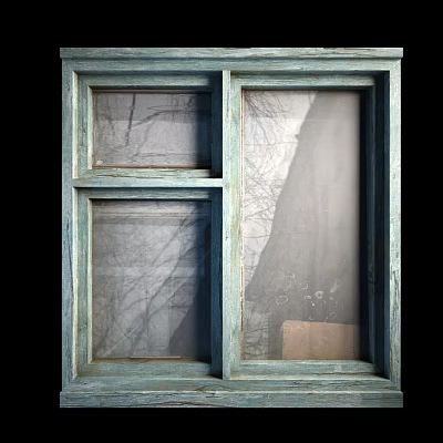 Vintage Light Blue Casement Window With Wooden Frame And Tree Branch Reflections On Glass 3d model