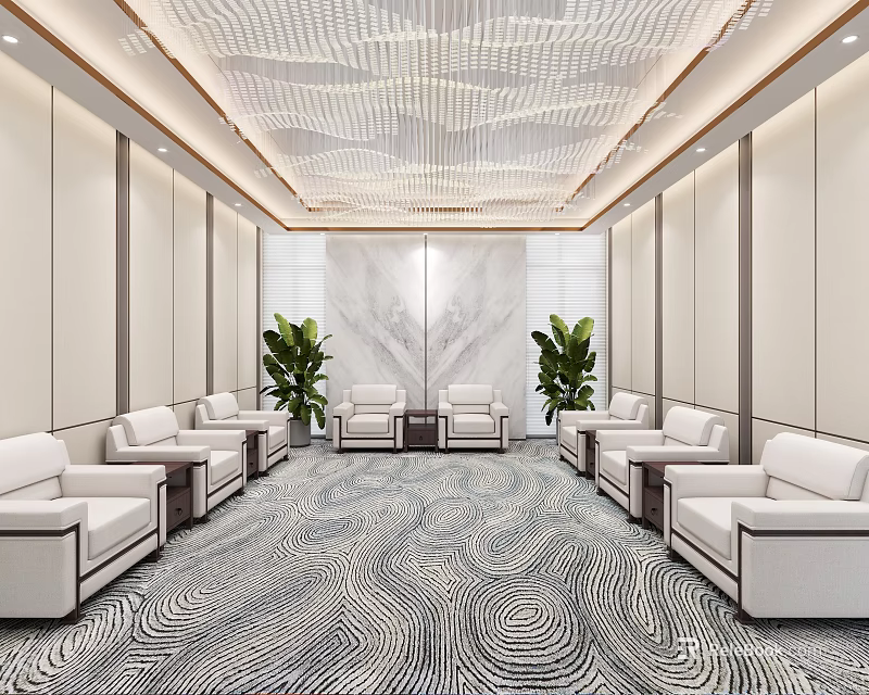 Elegant Modern Hotel Public Lounge Interior With White Sofas Patterned Carpet And Marble Accent Wall 3d model 