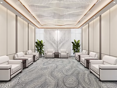 Elegant Modern Hotel Public Lounge Interior With White Sofas Patterned Carpet And Marble Accent Wall 3d model