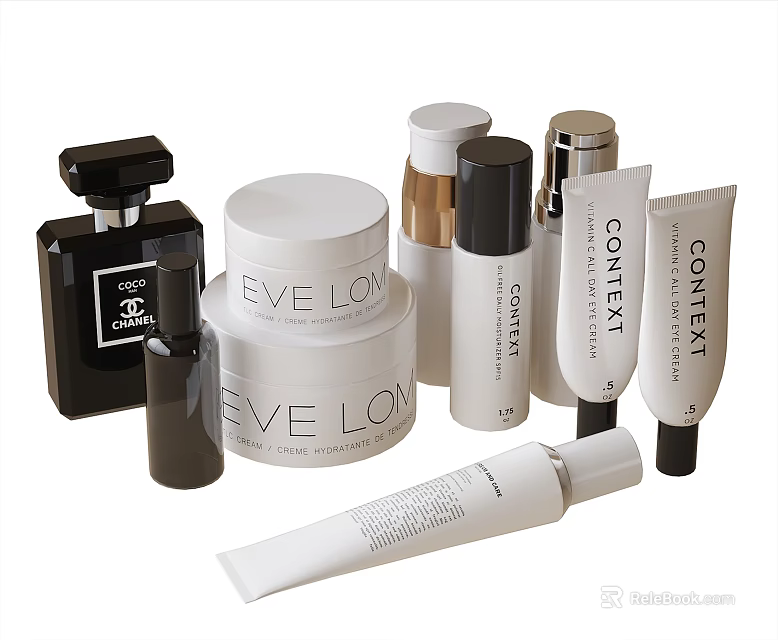 Assorted EVE LOM And CONTEXT Skincare Products Jars Bottles And Tubes Collection 3d model 