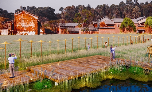 Modern Paddy Field Paddy Field Straw Hat Art Installation Tourism Sculpture Wooden Platform Net Celebrity Pushcard Photography Landscape Corridor 3d model