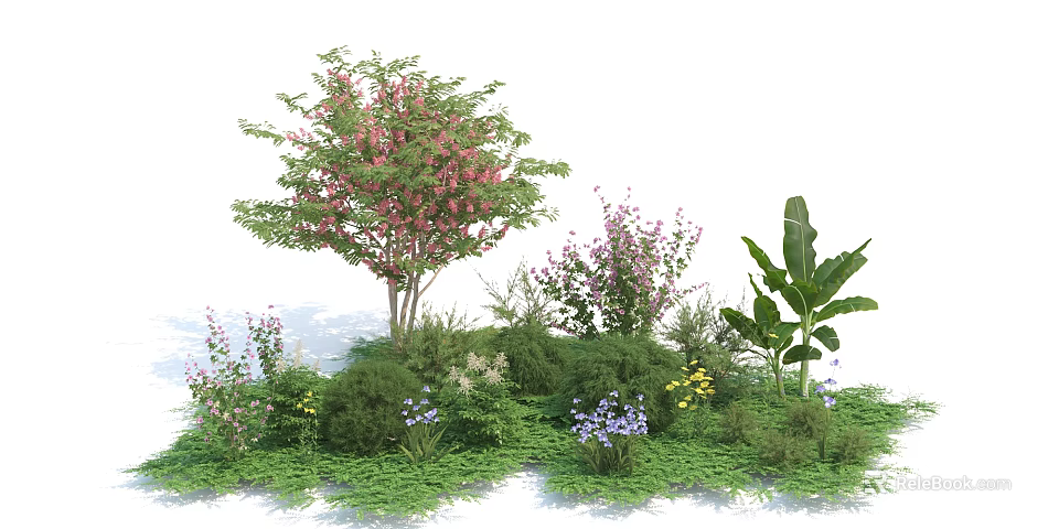 Lush Green Shrubs With Pink Purple Yellow Flowers And Tropical Leaves 3d model 