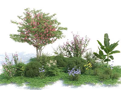Lush Green Shrubs With Pink Purple Yellow Flowers And Tropical Leaves 3d model