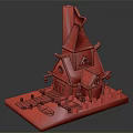 Cartoon House with Red Pointed Roof Chimney Wooden Dock Small Boat Pond and Green Grass