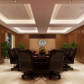 Conference Room With Wooden Walls Round Table Black Chairs Ceiling Lights TV And Green Plants