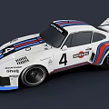 White Martini Racing Race Car With Blue Red Stripes Number 4 Rear Spoiler