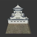 Traditional Japanese Castle Architecture With Multi Tiered Tower Stone Wall And Blue Roof
