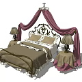 Elegant Double Bed With Wrought Iron Headboard Canopy Curtains Bedside Tables And Table Lamps