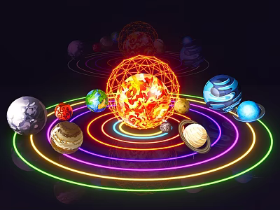 Vibrant Colorful Planets Surrounding Luminous Sphere With Neon Rings In Space 3d model