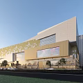Modern Commercial Complex Exterior Design With Glass Curtain Wall And Tree-lined Pedestrian Area