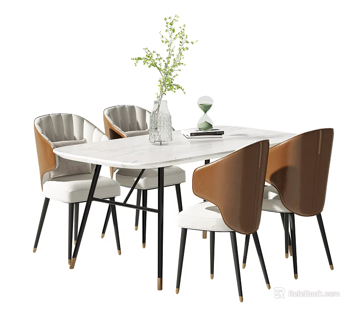 Elegant Dining Table Set With White Rectangular Top Brown Light Chairs Black Legs Gold Accents 3d model