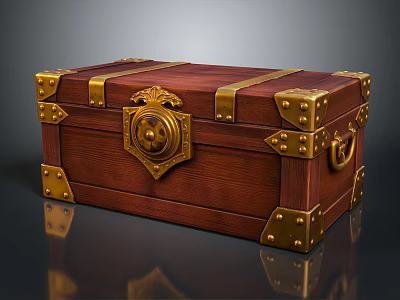Vintage Wooden Chest With Gold Metal Straps Brass Hardware Decorative Lock And Handles 3d model
