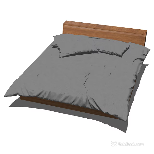 Simple Modern Double Bed with Wooden Headboard and Gray Bedding 3d model 