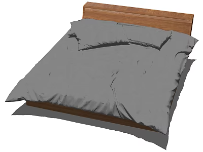 Simple Modern Double Bed with Wooden Headboard and Gray Bedding 3d model