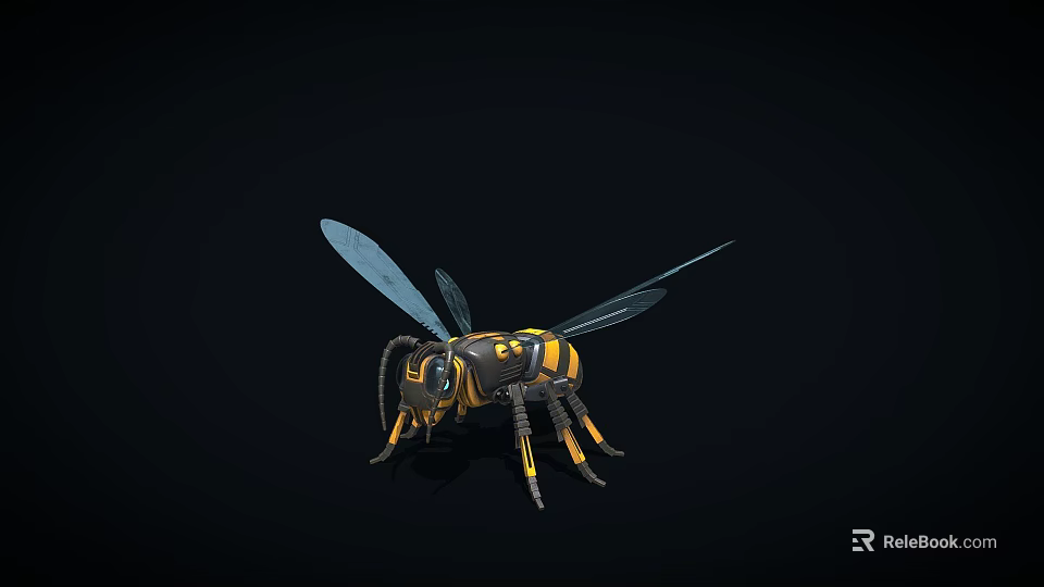 Mechanical Flying Bee Insect With Yellow Black Stripes And Detailed Mechanical Wings 3d model 