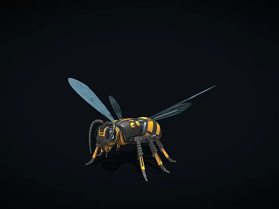 Mechanical Flying Bee Insect With Yellow Black Stripes And Detailed Mechanical Wings 3d model