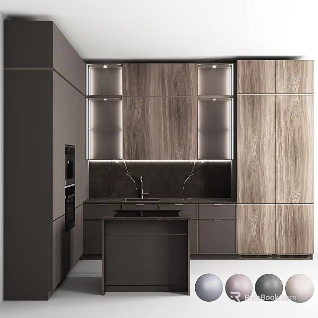 Modern Kitchen Interior Featuring Wood Grain Cabinets With Black Countertop Lighting 3d model 