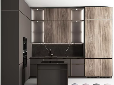 Modern Kitchen Interior Featuring Wood Grain Cabinets With Black Countertop Lighting 3d model