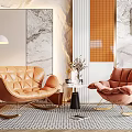 Modern Elegant Orange Leather Diamond Tufted Leisure Chair With Floor Lamp And Marble Wall Art