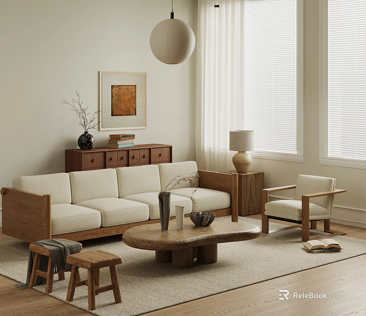 Modern Living Room Interior With Wooden Sofa Accent Chair Round Coffee Table And Pendant Light 3d model 