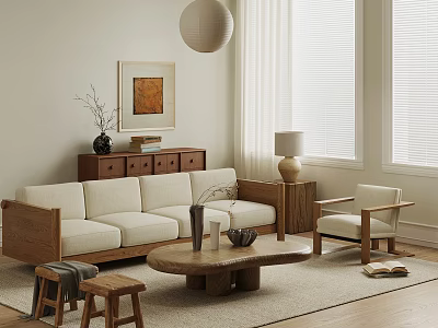 Modern Living Room Interior With Wooden Sofa Accent Chair Round Coffee Table And Pendant Light 3d model