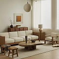 Modern Living Room Interior With Wooden Sofa Accent Chair Round Coffee Table And Pendant Light
