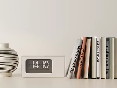 Vintage And Modern Books Arranged With Clock And Vase On Desktop 3d model