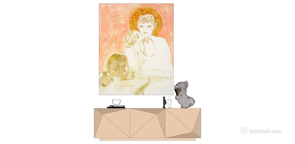 Portrait Painting With Two Figures Soft Pink Orange Tones Hanging Above Decorative Cabinet 3d model 