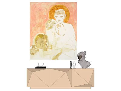 Portrait Painting With Two Figures Soft Pink Orange Tones Hanging Above Decorative Cabinet 3d model