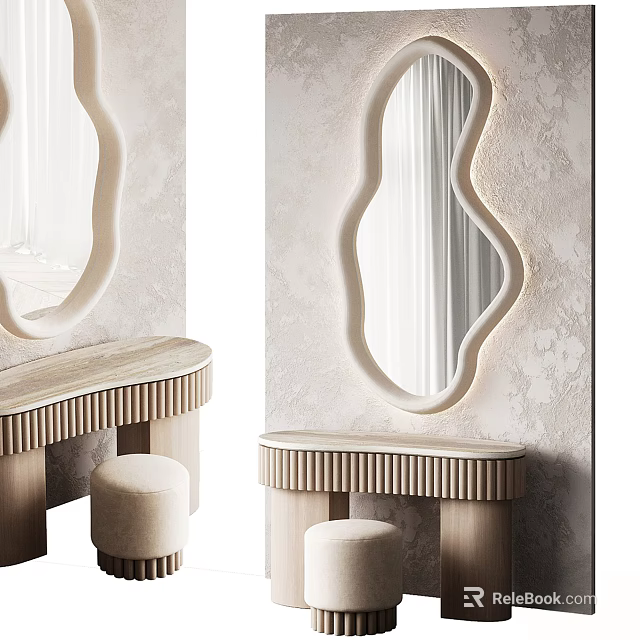 Elegant Modern Dressing Table With Curved Mirror On Textured Wall And Padded Stool 3d model 