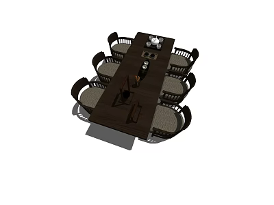 Dark Wood Dining Table Set With Six Upholstered Chairs And Center Decor 3d model
