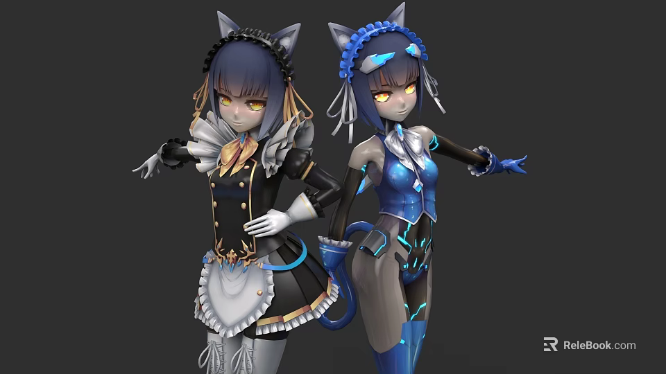 Two Women With Cat Ears And Tails In Maid And Blue Cyber Costumes Digital Art 3d model 
