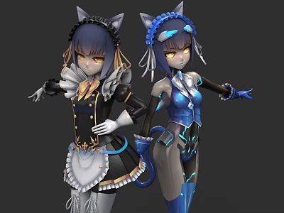 Two Women With Cat Ears And Tails In Maid And Blue Cyber Costumes Digital Art 3d model