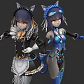 Two Women With Cat Ears And Tails In Maid And Blue Cyber Costumes Digital Art 3d model