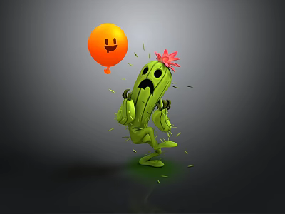 Cartoon Green Cactus With Red Flower On Head Surprised Expression Near Orange Smiley Balloon 3d model
