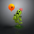 Cartoon Green Cactus With Red Flower On Head Surprised Expression Near Orange Smiley Balloon
