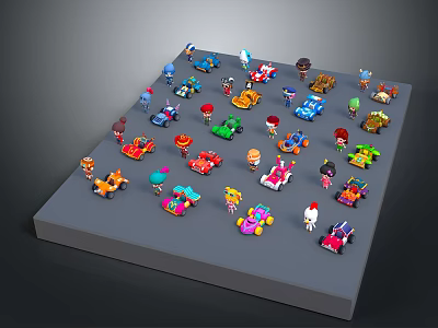 Colorful Cartoon Car And Small Figure Models Displayed On Gray Platform 3d model